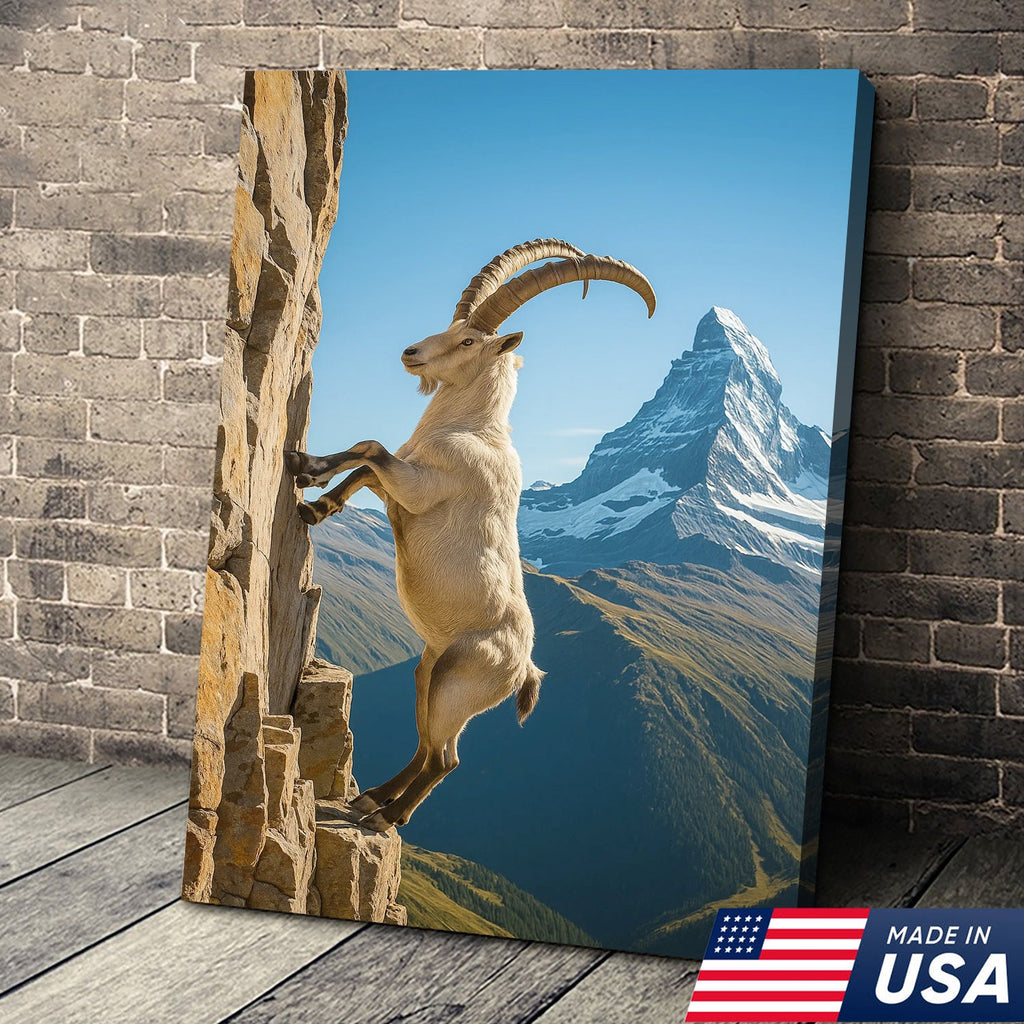 Alpine Ibex Climbing Cliff Canvas Wall Art, Matterhorn Mountain Landscape Print