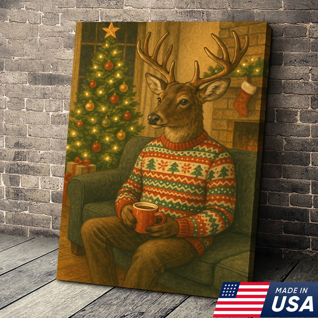 Cozy Christmas Deer Canvas Wall Art Print – Holiday Reindeer With Hot Cocoa