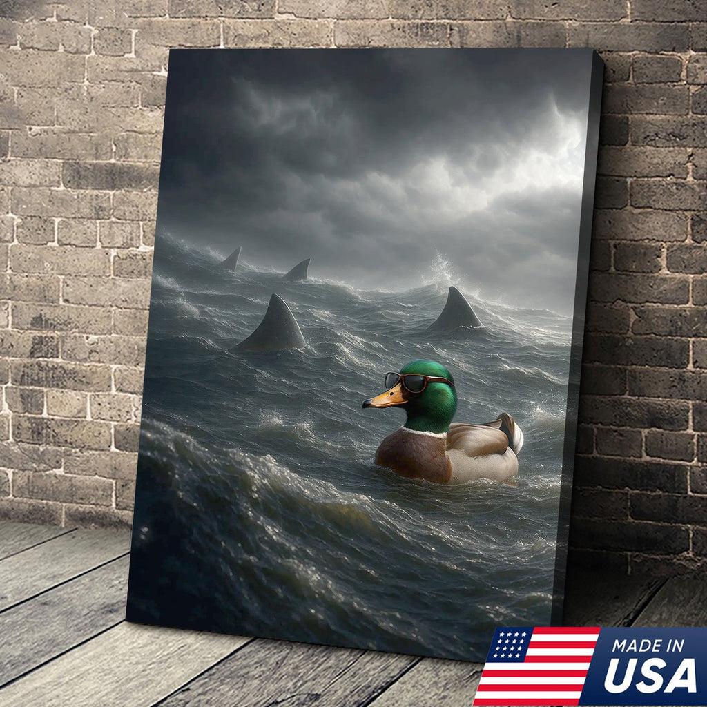 Funny Duck in Shark Infested Waters Canvas Wall Art, Cool Sunglasses Duck Ocean Storm Print