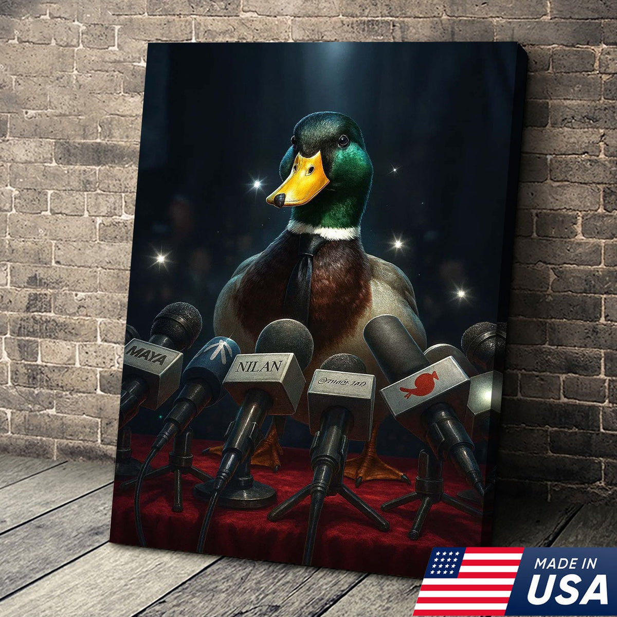 Confident Duck Press Conference Canvas Wall Art, Funny Animal Leader Humor Artwork
