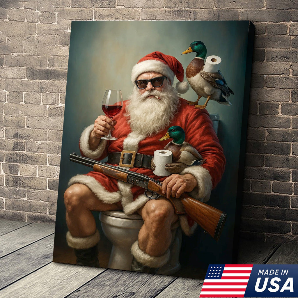 Santa Duck Hunting Christmas Canvas – Funny Holiday Wall Art for Rustic Cabin Bathroom Decor