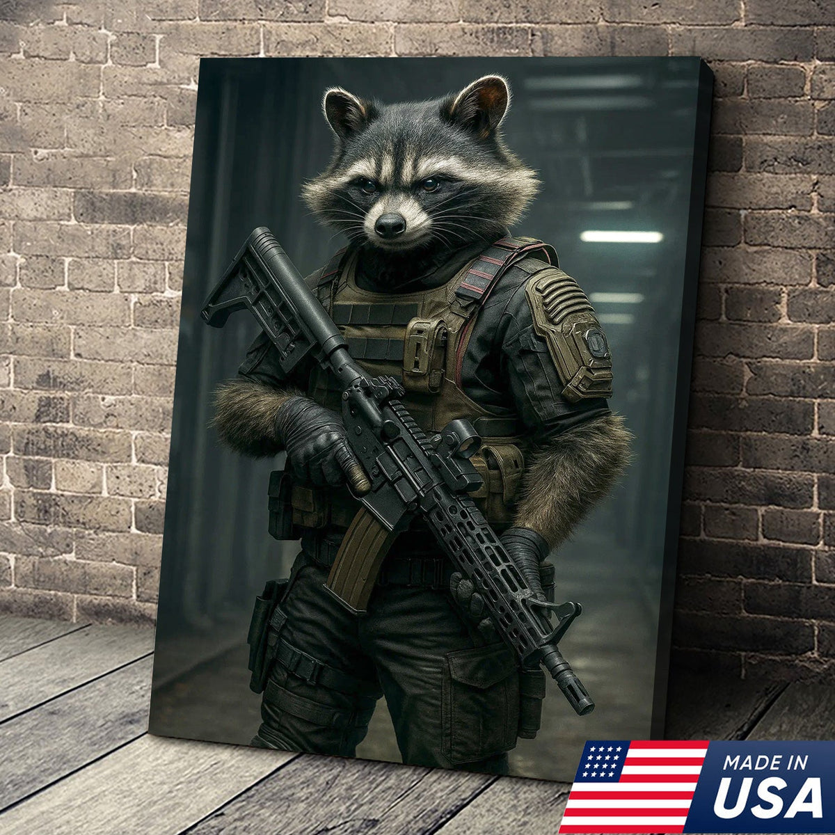 Tactical Raccoon Canvas Art – Elite Armored Trash Panda Warrior