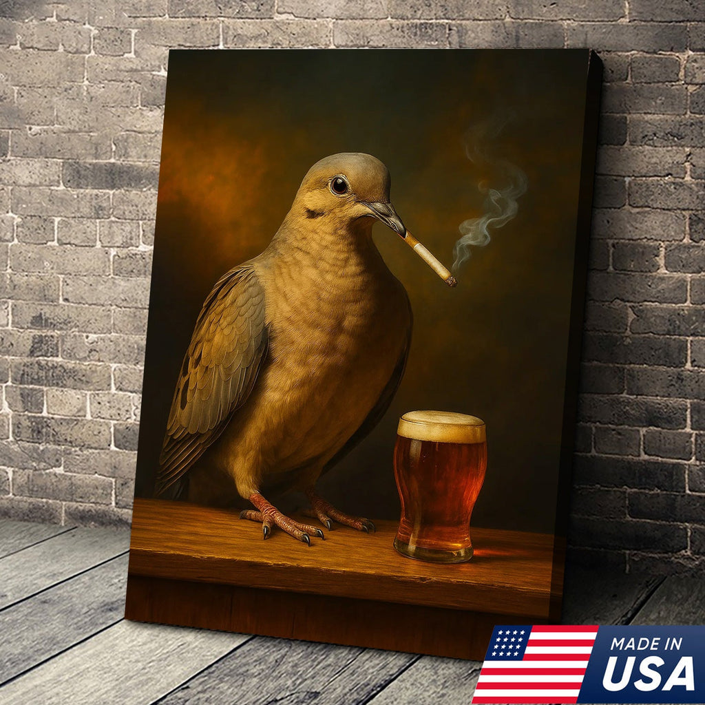 Rustic Mourning Dove Canvas Wall Art – Unique Wildlife Bar Scene with Beer