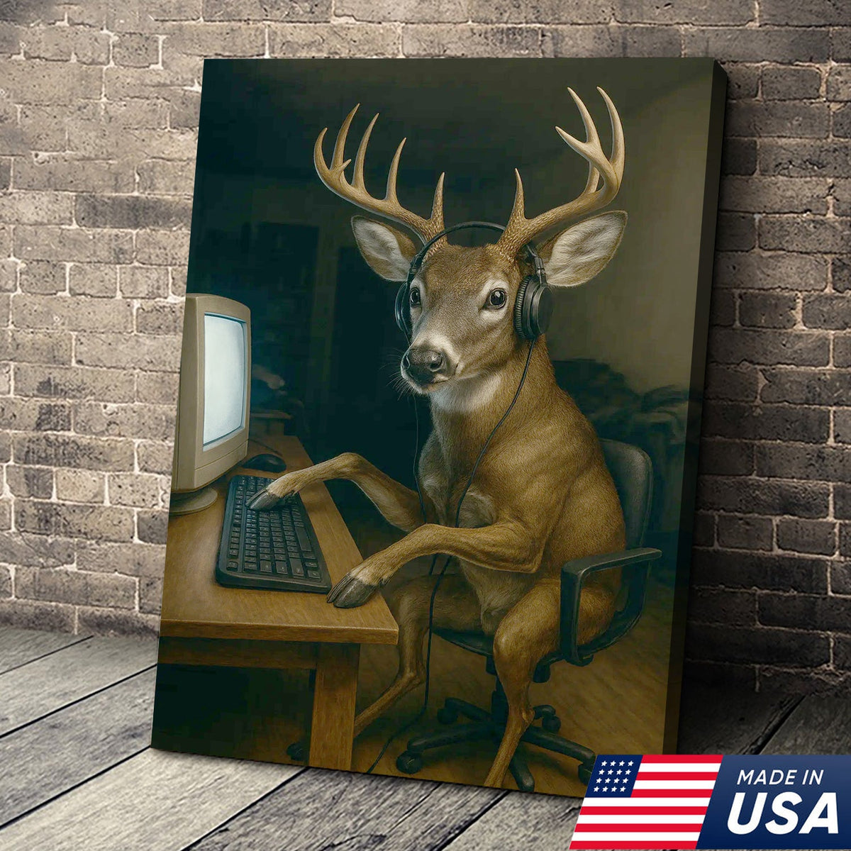 Gaming Deer Canvas Wall Art, Funny Headphone Buck at Computer