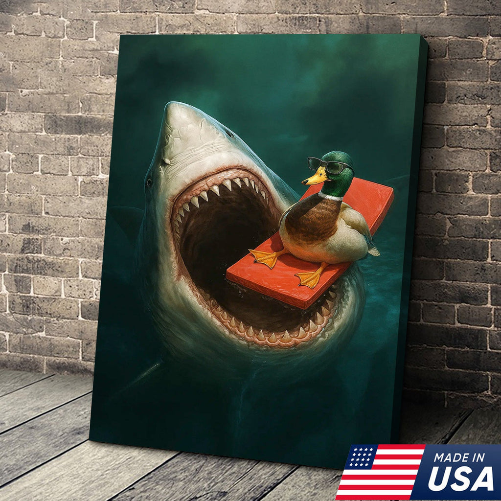 Funny Duck Shark Canvas Wall Art, Fearless Sunglasses Duck Floating Above Shark Jaws Print
