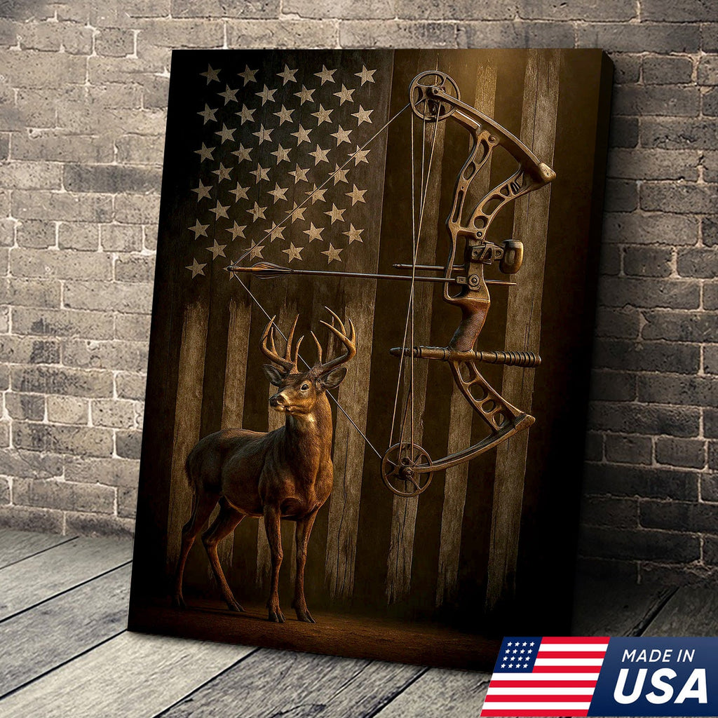 Deer and Bow American Flag Canvas Wall Art — Patriotic Hunting Decor Featuring Buck and Compound Bow