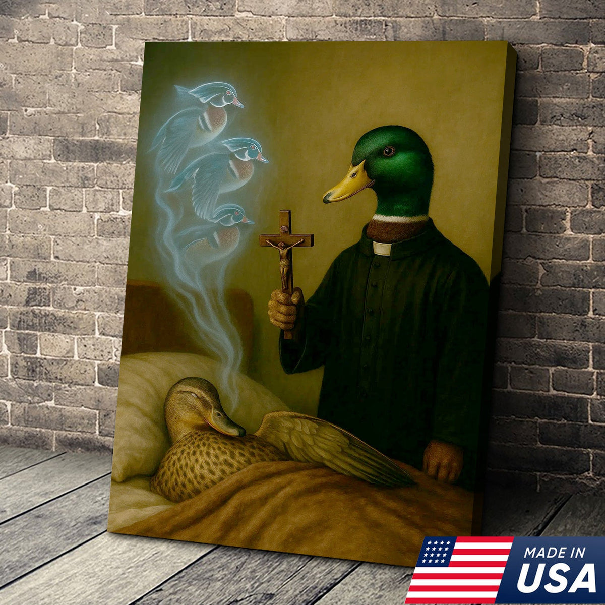 Priest Duck Canvas Wall Art, Surreal Animal Artwork, Funny Dark Humor Painting, Unique Gift for Hunters or Art Collectors