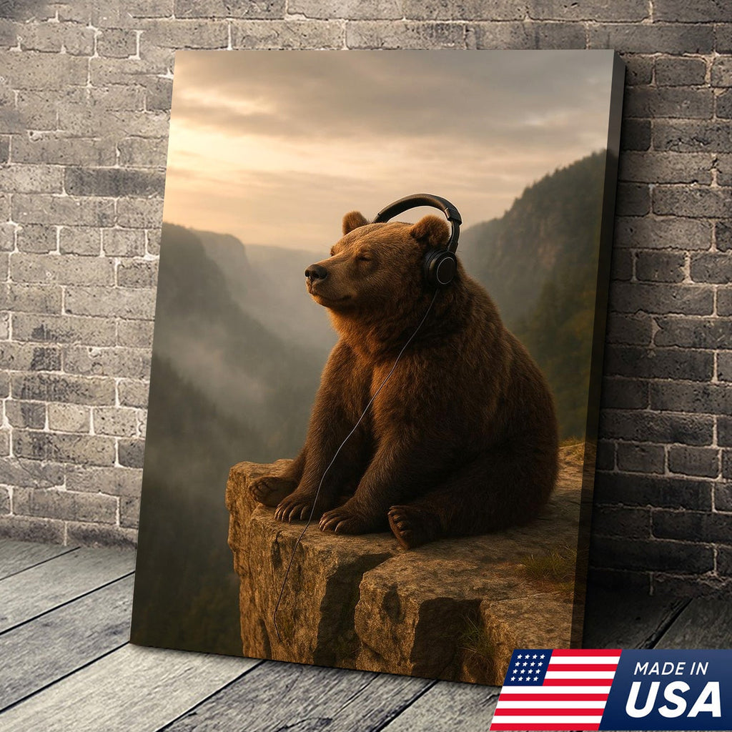 Funny Bear Wall Art, Chill Bear Canvas, Bear with Headphones Art