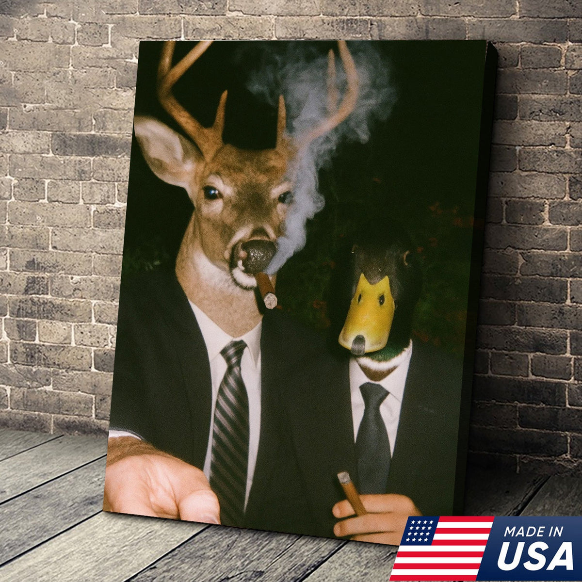 Funny Deer and Duck Canvas Wall Art - Hilarious Animal Duo in Suits