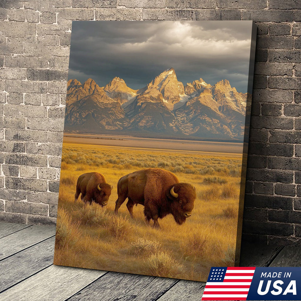 Buffalo Bison Canvas Wall Art, Grand Teton Mountain Landscape Print