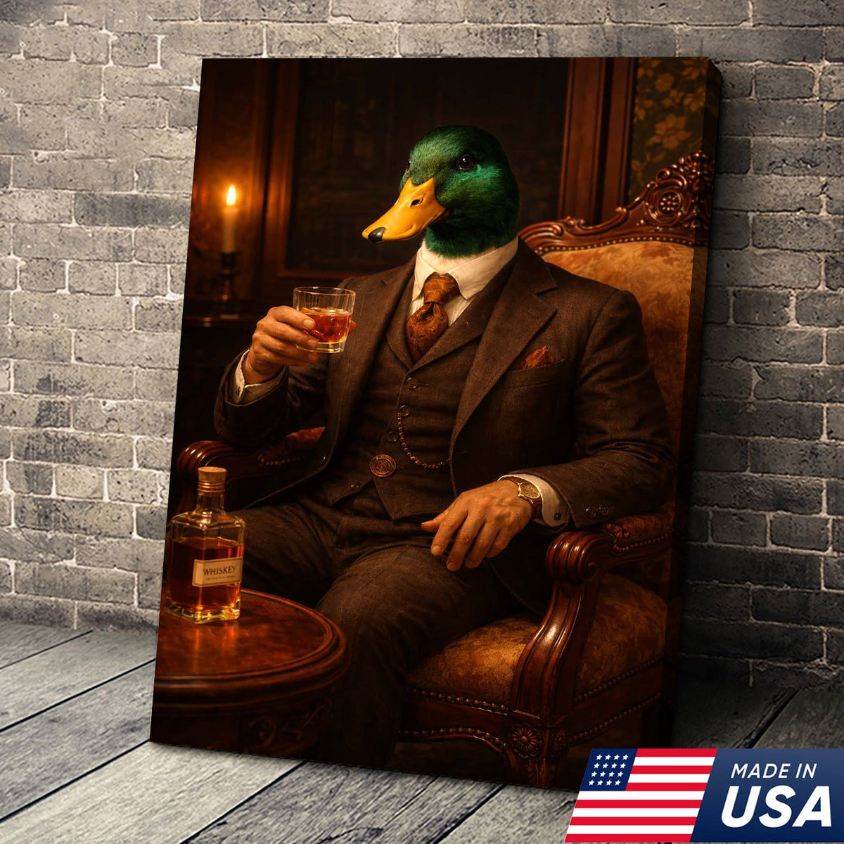 Gentleman Duck Whiskey Portrait Canvas Wall Art, Classy Anthropomorphic Animal Artwork