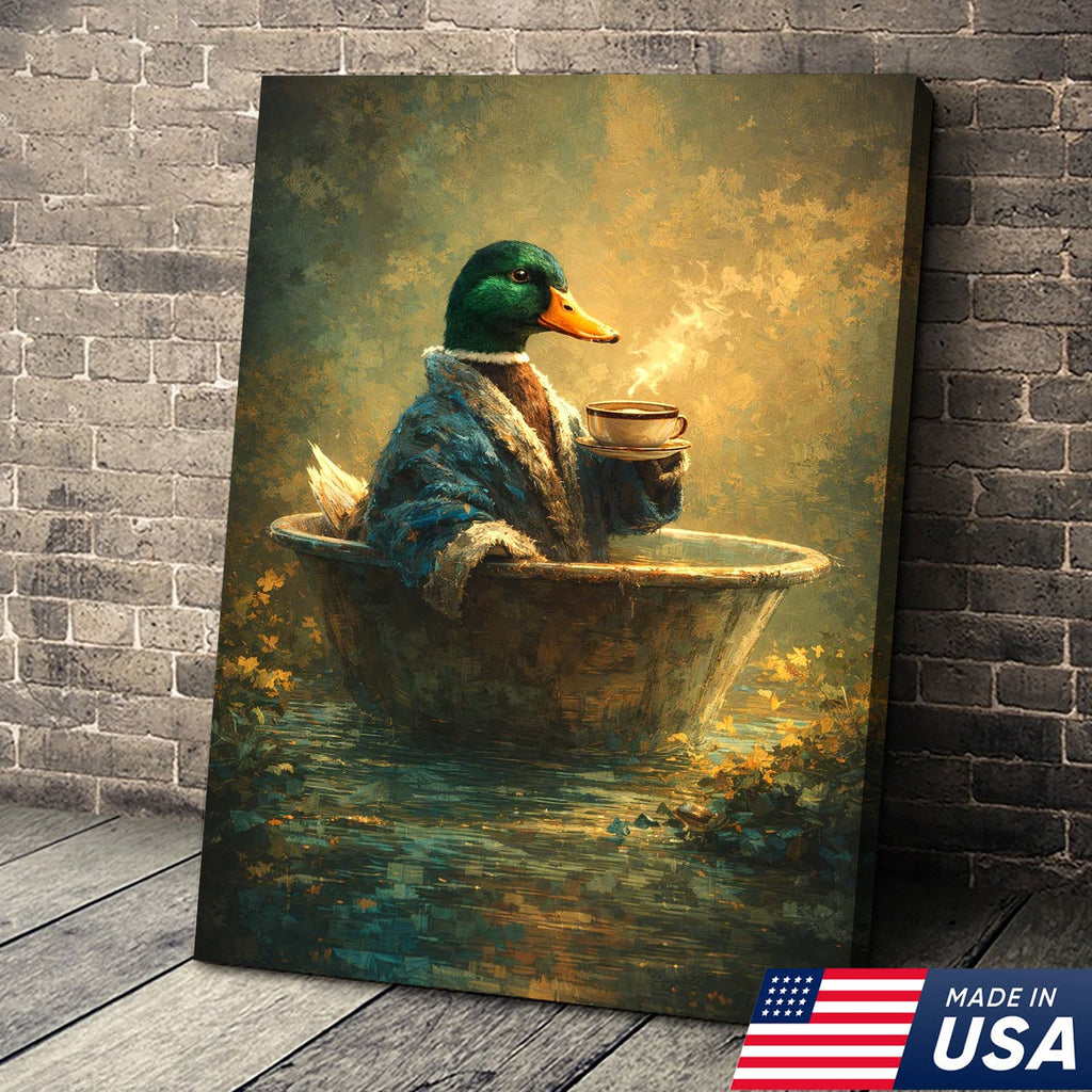 Whimsical Duck Coffee Bath Canvas Wall Art, Cozy Animal Painting
