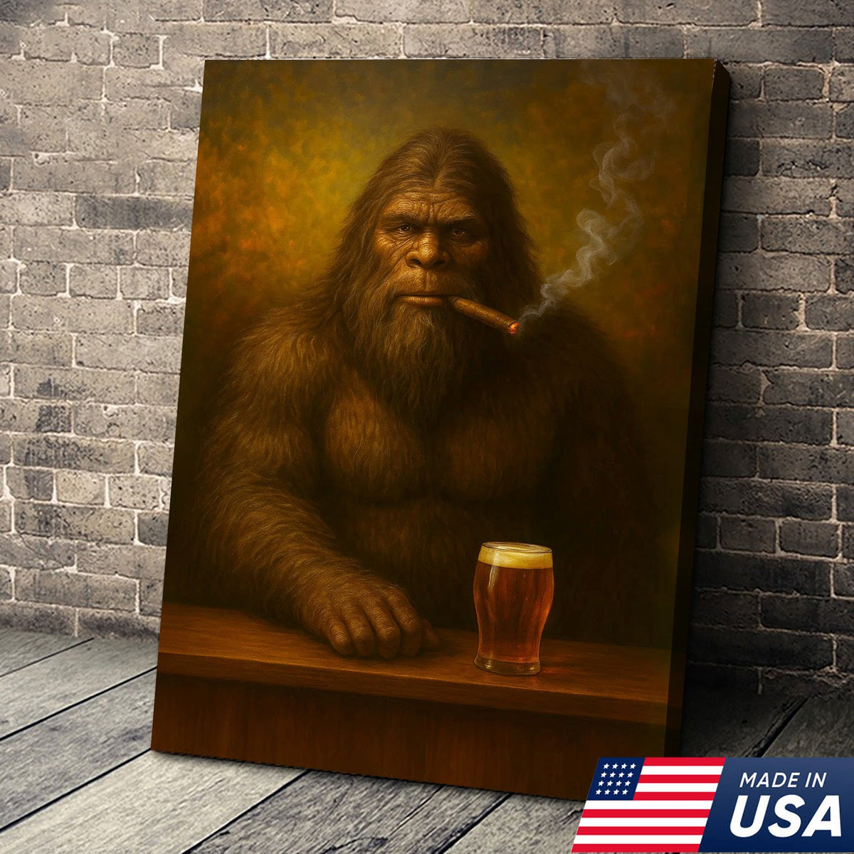 Funny Bigfoot Wall Art Canvas – Funny Sasquatch Smoking & Beer Canvas, Hunting Cabin & Man Cave Decor
