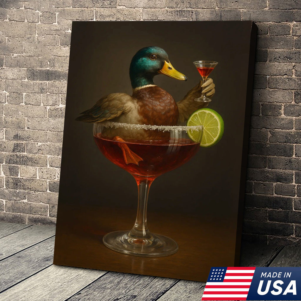Funny Mallard Duck Canvas Wall Art - Quirky Animal in Cocktail Glass Design