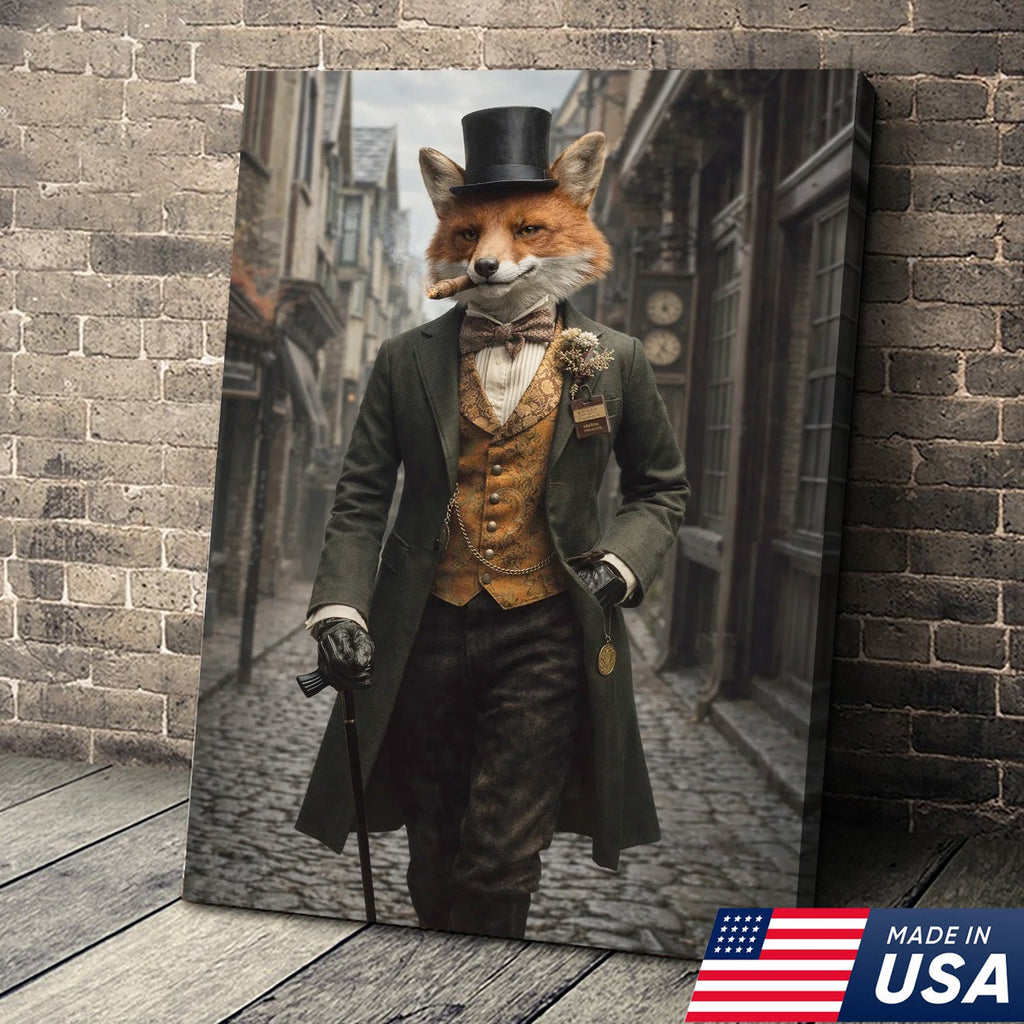 Victorian Gentleman Fox Canvas Wall Art, Elegant Anthropomorphic Fox Illustration