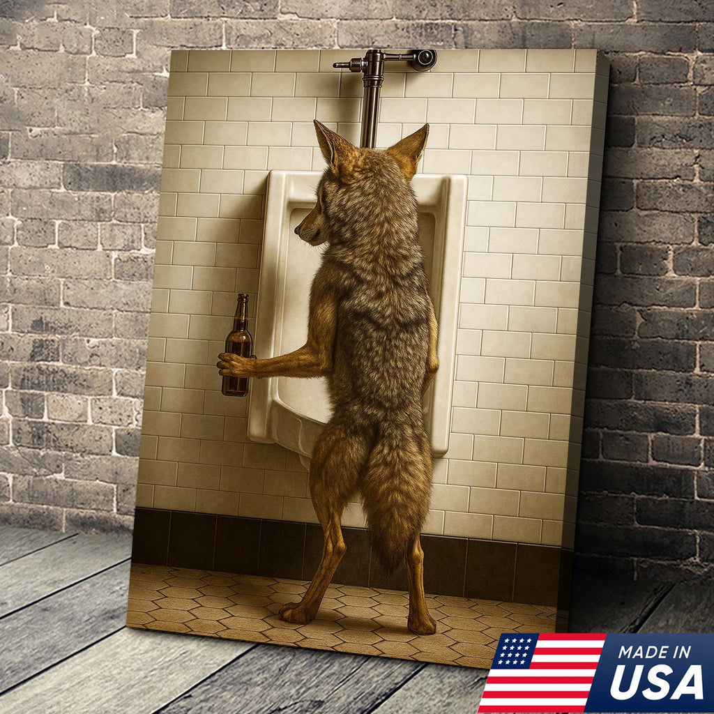 Hilarious Coyote Canvas Wall Art – Funny Bathroom Humor Decor – Rustic Hunting Cabin Gag Gift