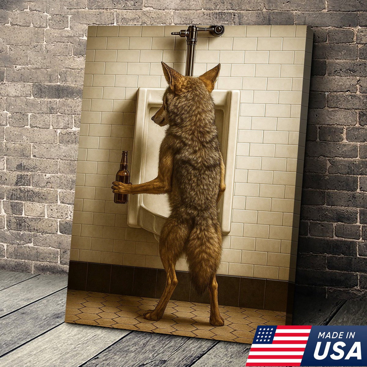 Hilarious Coyote Canvas Wall Art – Funny Bathroom Humor Decor – Rustic Hunting Cabin Gag Gift