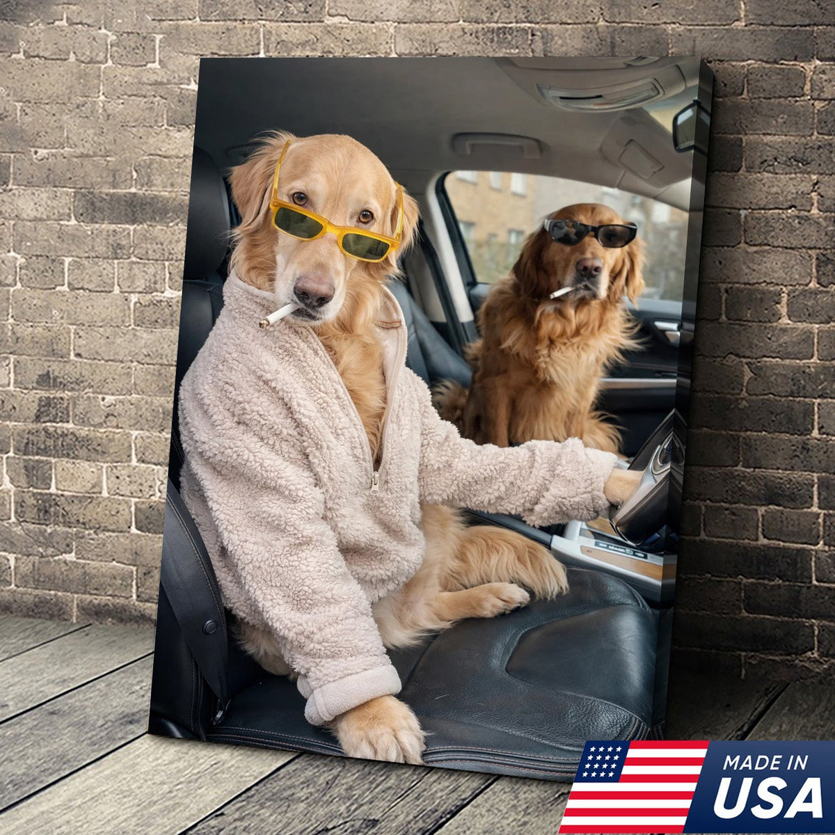 Funny Dog Driving Car Canvas Wall Art, Cool Golden Retriever Duo Portrait
