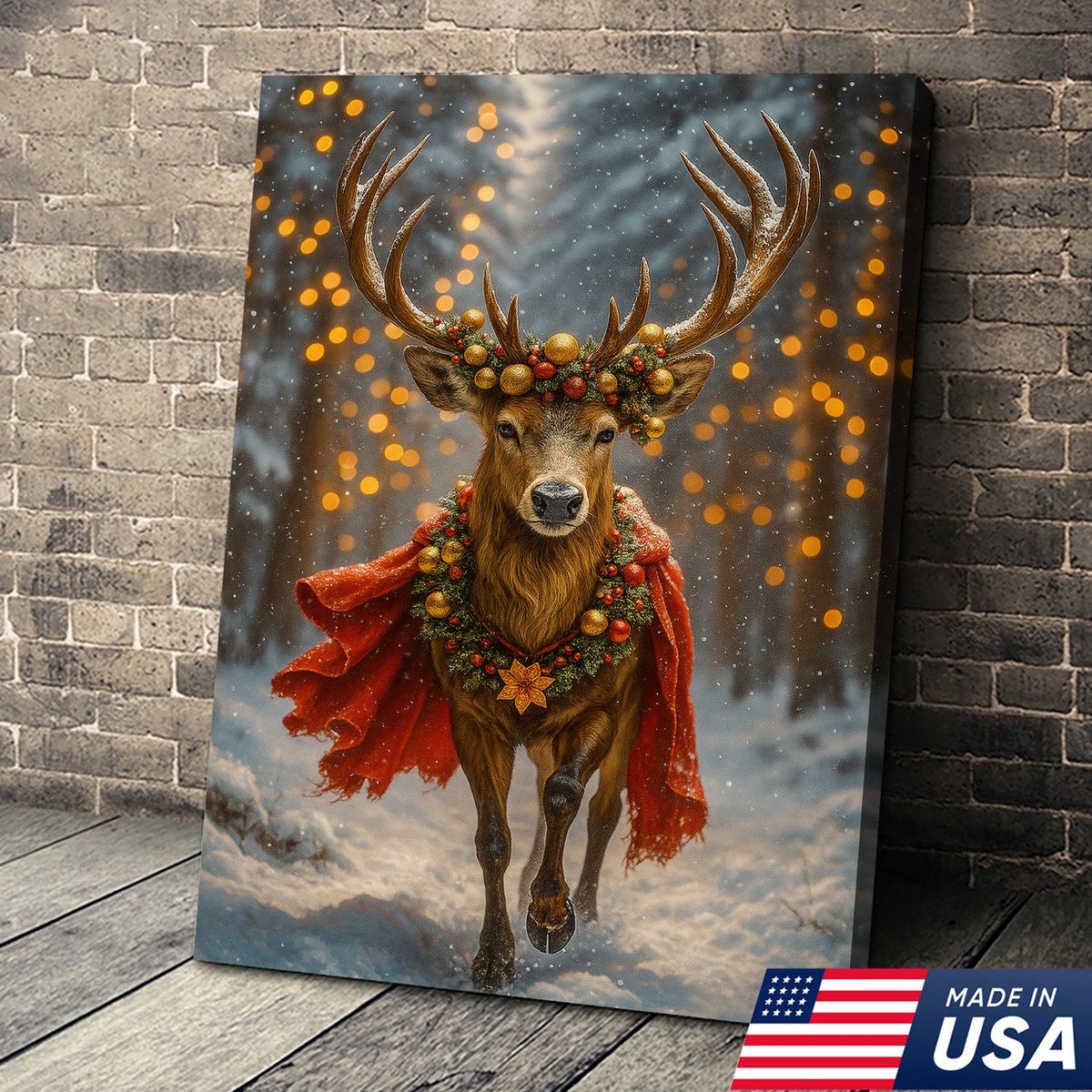 Majestic Christmas Deer Art Canvas – Holiday Forest Decor with Wreath & Red Cape