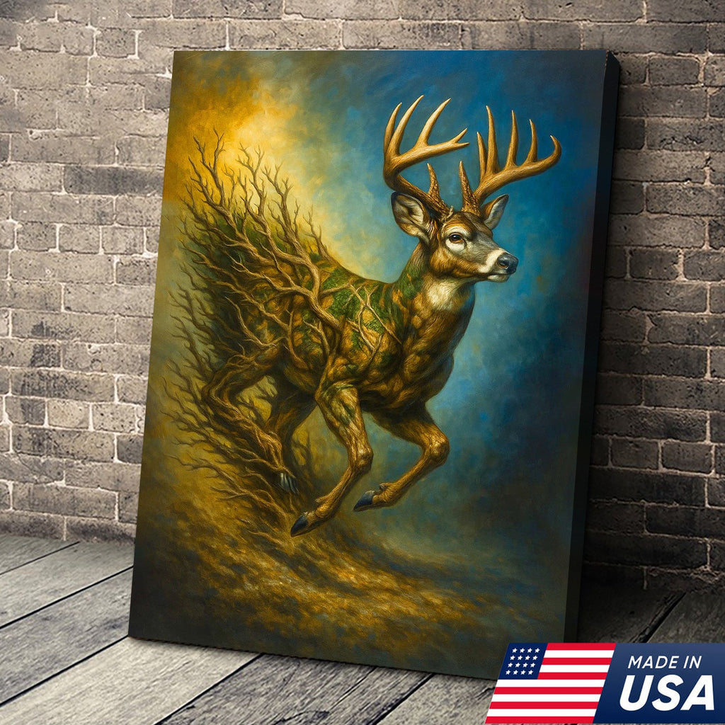 Majestic Deer Canvas Wall Art – Surreal Wildlife Nature Scene – Rustic Lodge and Cabin Decor