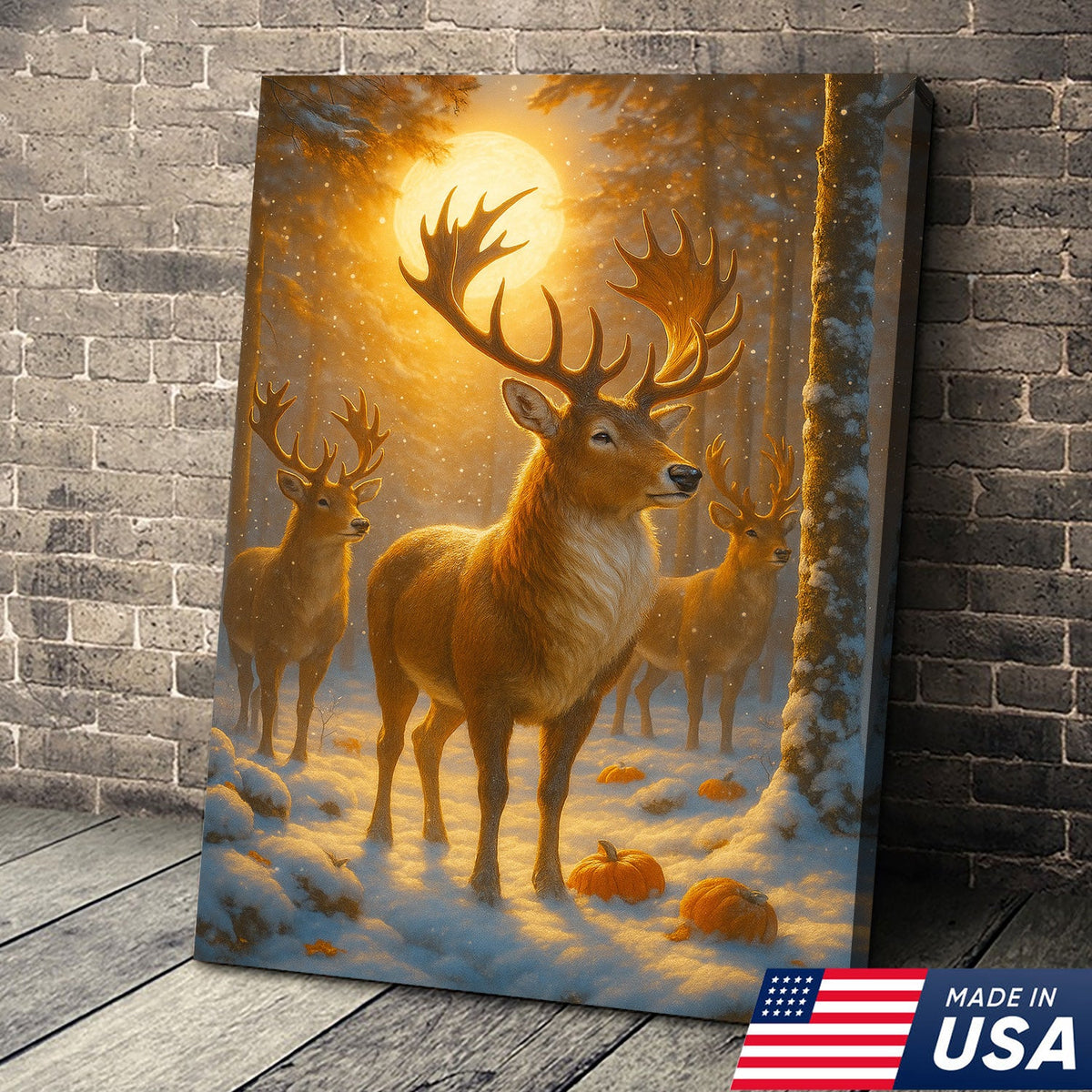 Majestic Winter Buck Under the Harvest Moon Canvas – Rustic Wildlife Wall Art