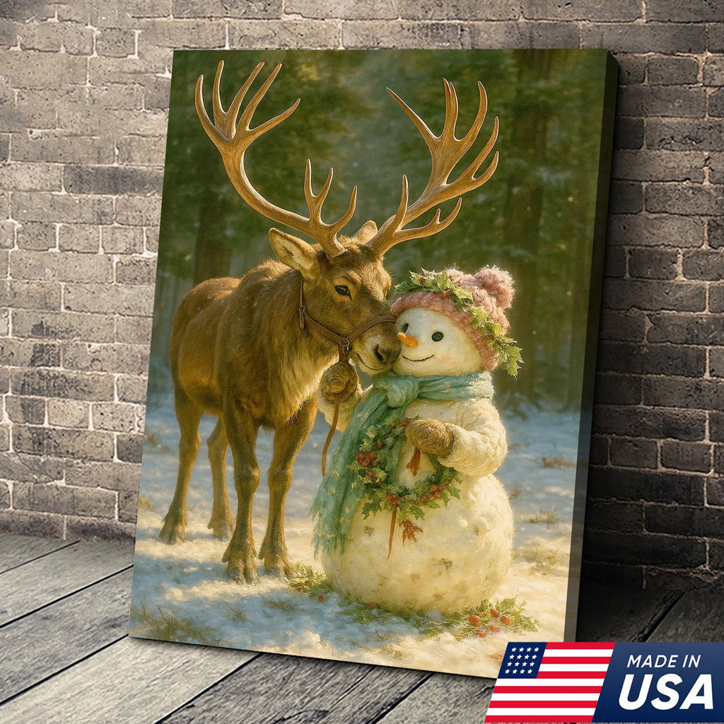 Reindeer and Snowman Friends Christmas Canvas Wall Art, Whimsical Winter Forest Holiday Print