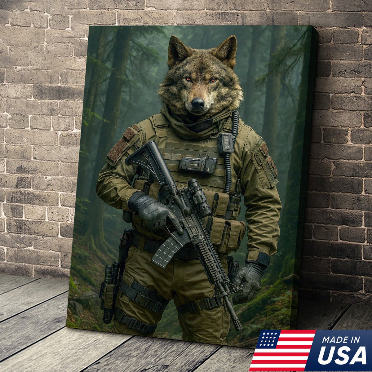 Tactical Wolf Canvas Art – Elite Armored Wolf Warrior in Forest