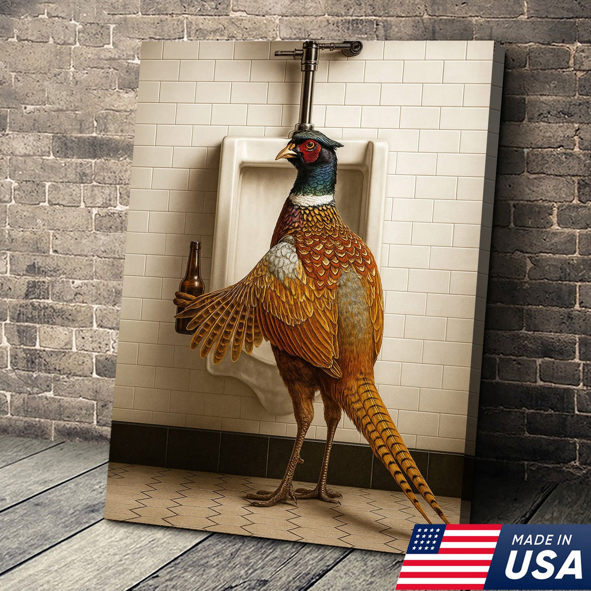 Funny Pheasant Canvas Wall Art – Hilarious Bathroom Humor Decor – Rustic Hunting Cabin Gag Gift