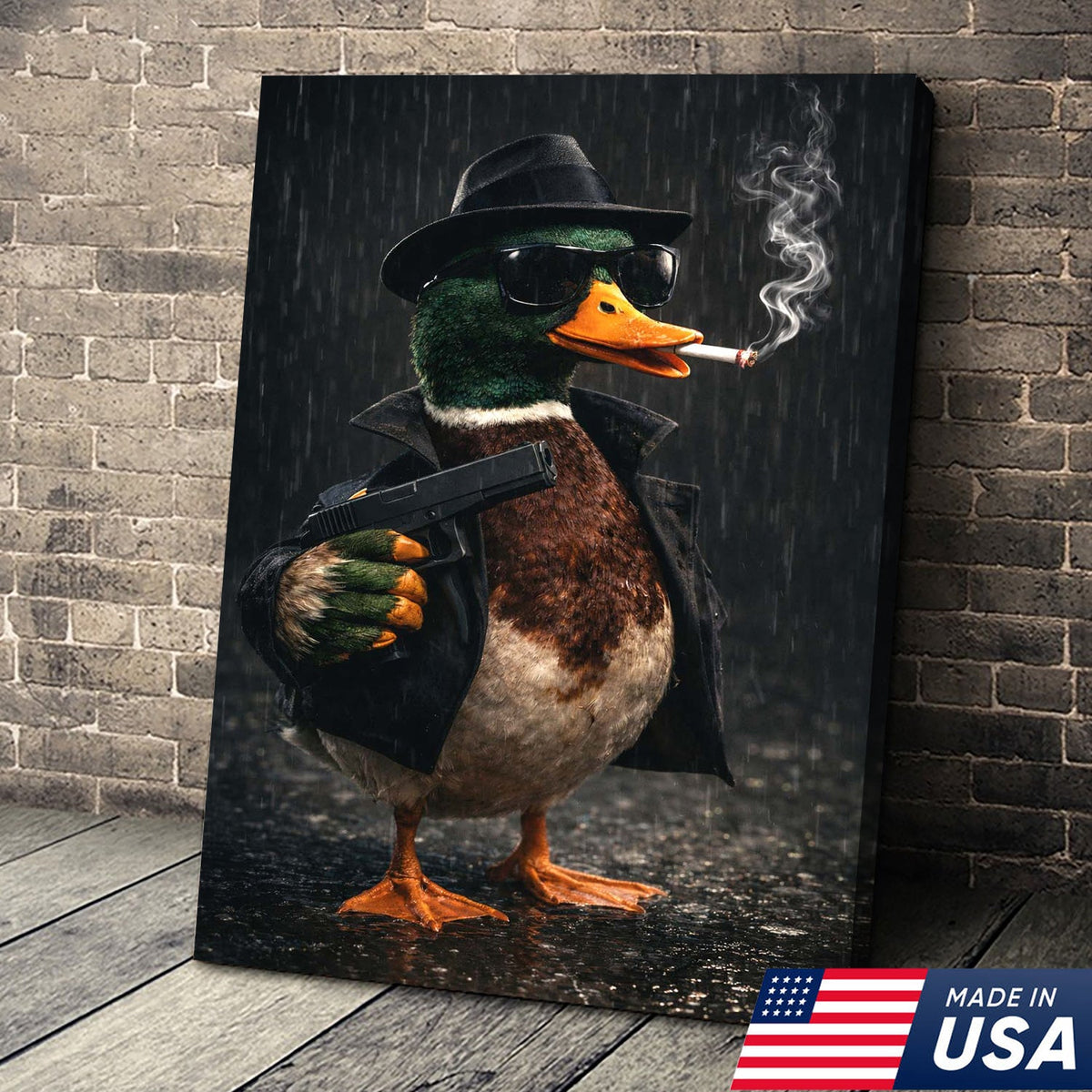 Noir Gangster Duck Canvas Wall Art, Dark Cinematic Animal Illustration