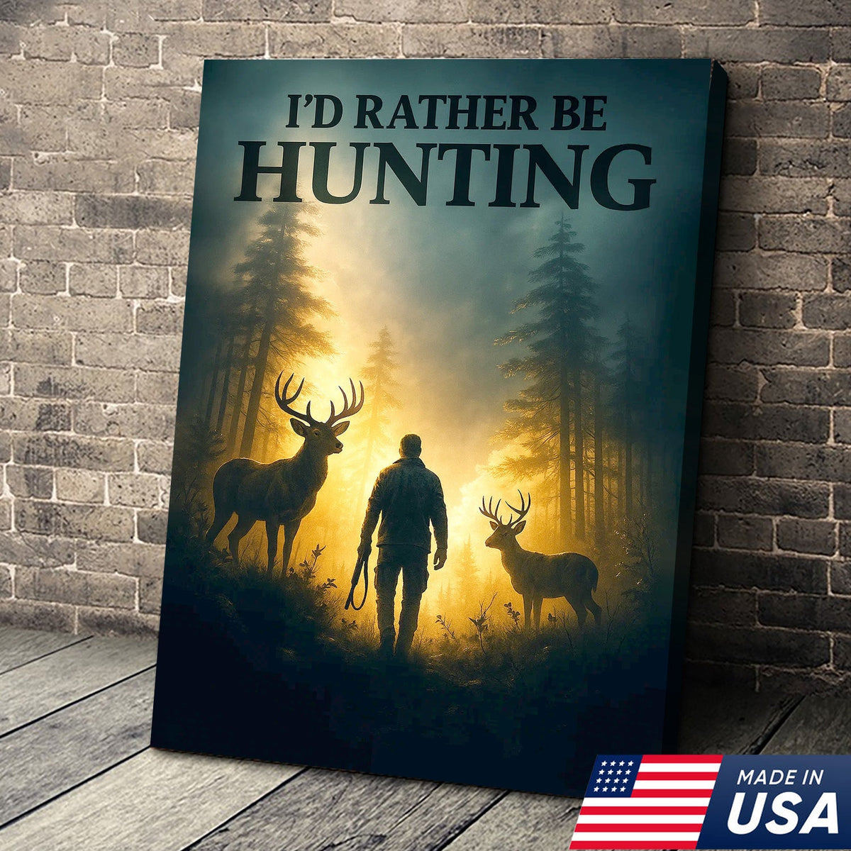I'd Rather Be Hunting Canvas Wall Art – Rustic Deer and Hunter Scene – Cabin Lodge Outdoor Decor