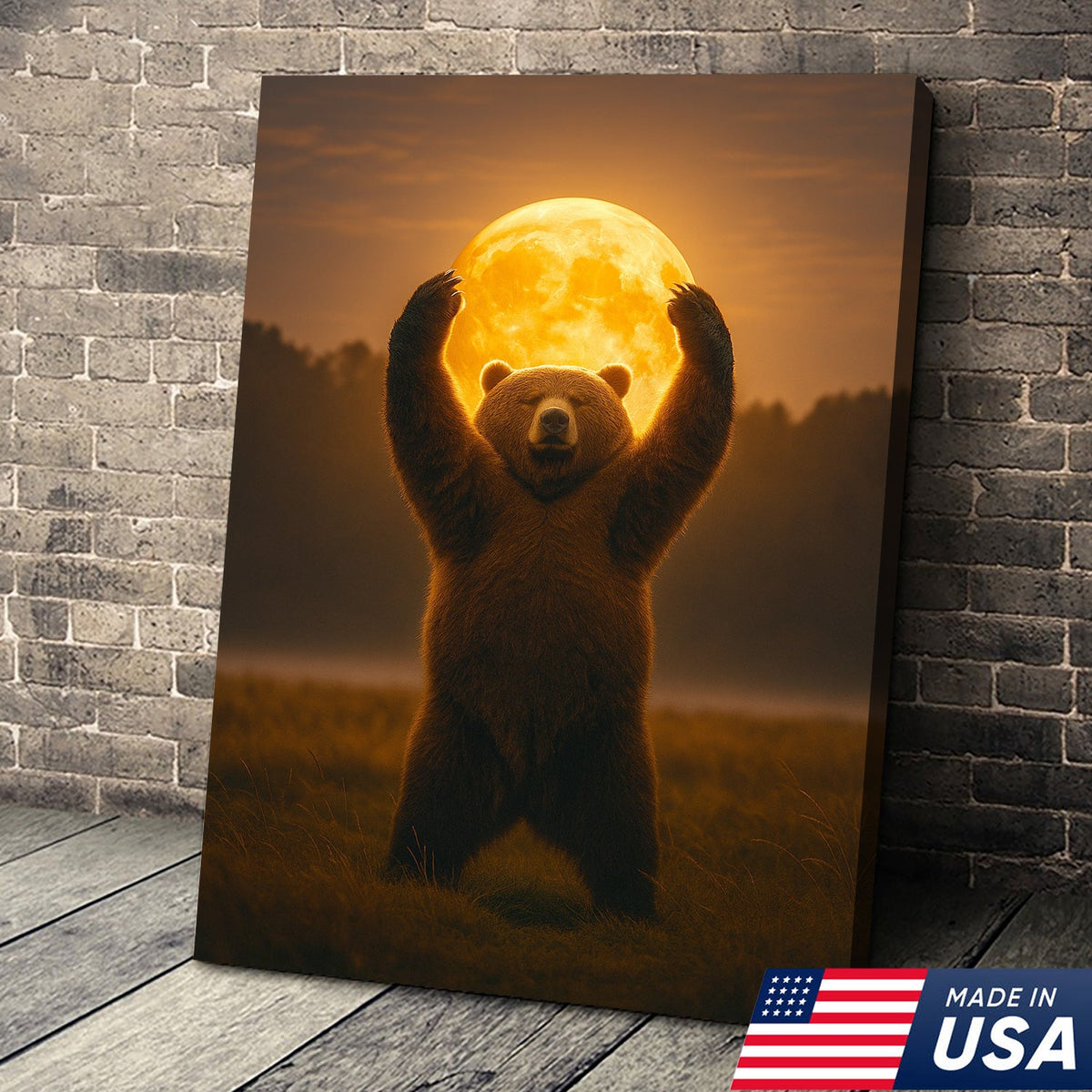 Bear Holding the Full Moon Wall Art Canvas – Mystical Wildlife Decor for Cabin & Nature Lovers