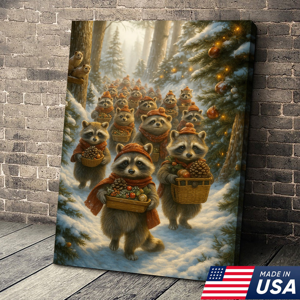Raccoon Christmas Parade Canvas – Cozy Winter Woodland Wall Art