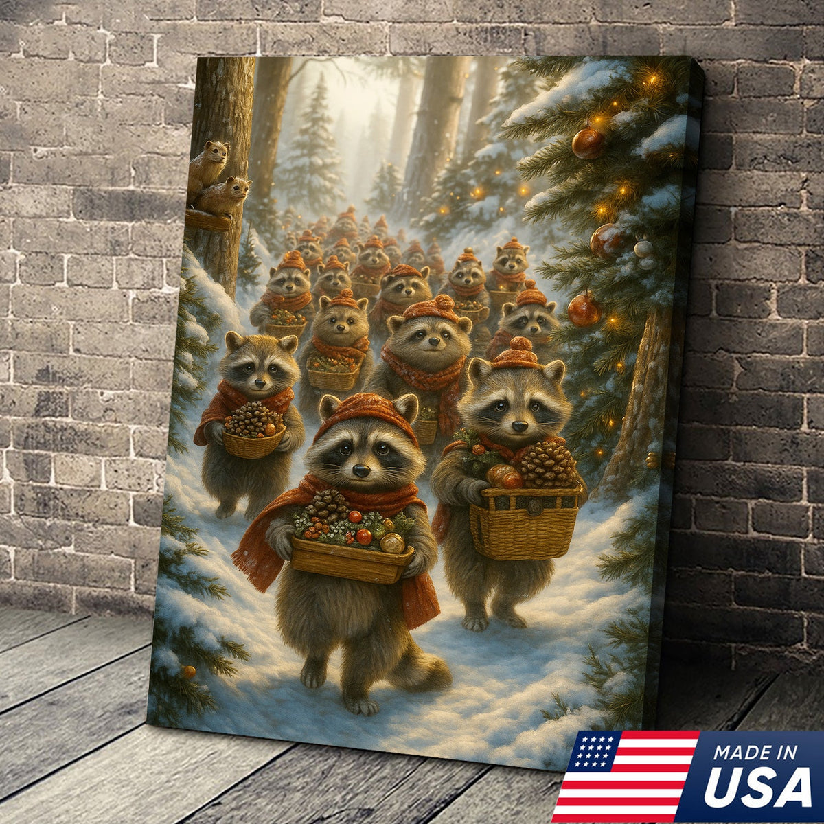 Raccoon Christmas Parade Canvas – Cozy Winter Woodland Wall Art