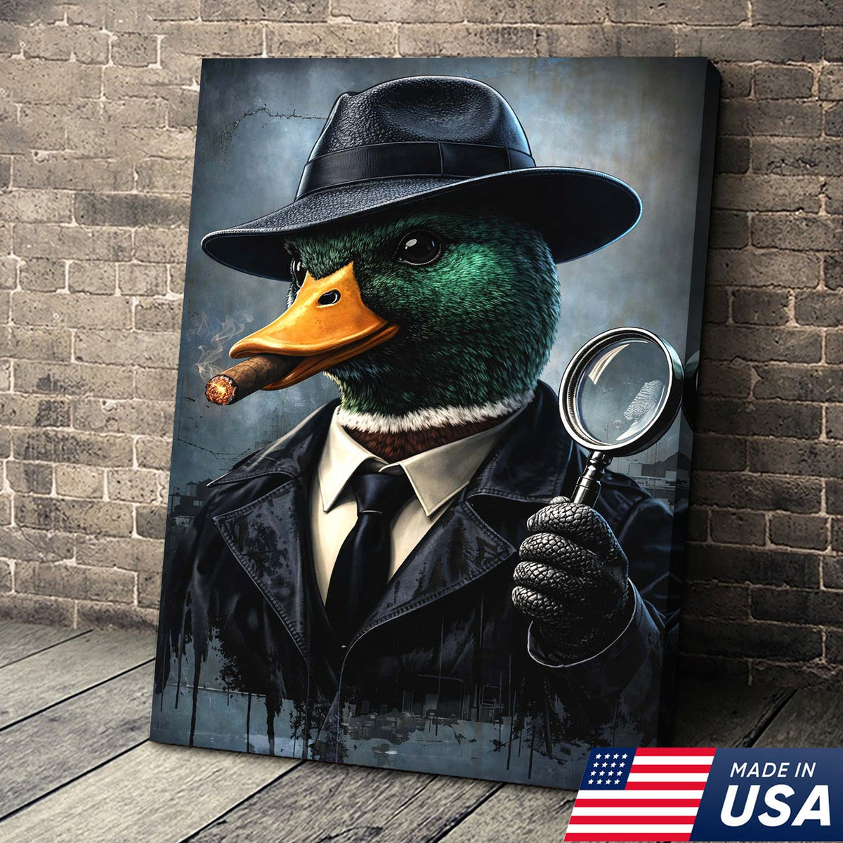 Noir Detective Duck Canvas Wall Art, Cinematic Animal Portrait Painting