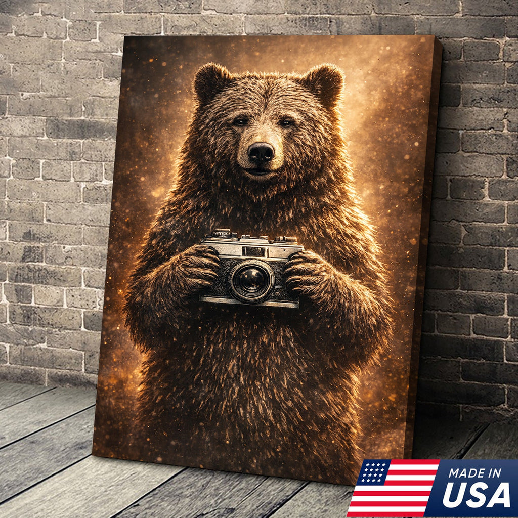 Funny Bear Photographer Wall Art Canvas – Rustic Wildlife Camera Canvas Print Decor