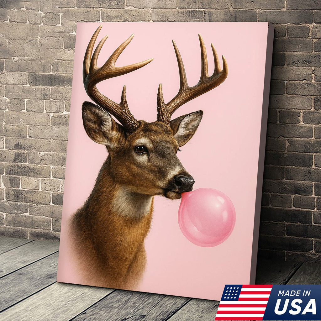Funny Deer Blowing Bubblegum Wall Art – Modern Animal Canvas Print for Living Room