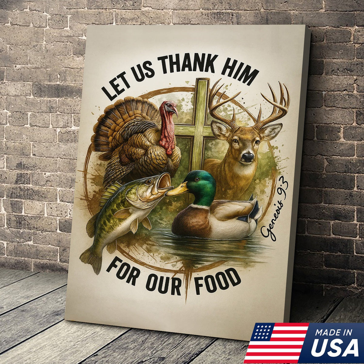 Christian Hunting Canvas Wall Art — “Let Us Thank Him For Our Food” with Deer, Turkey, Duck & Fish