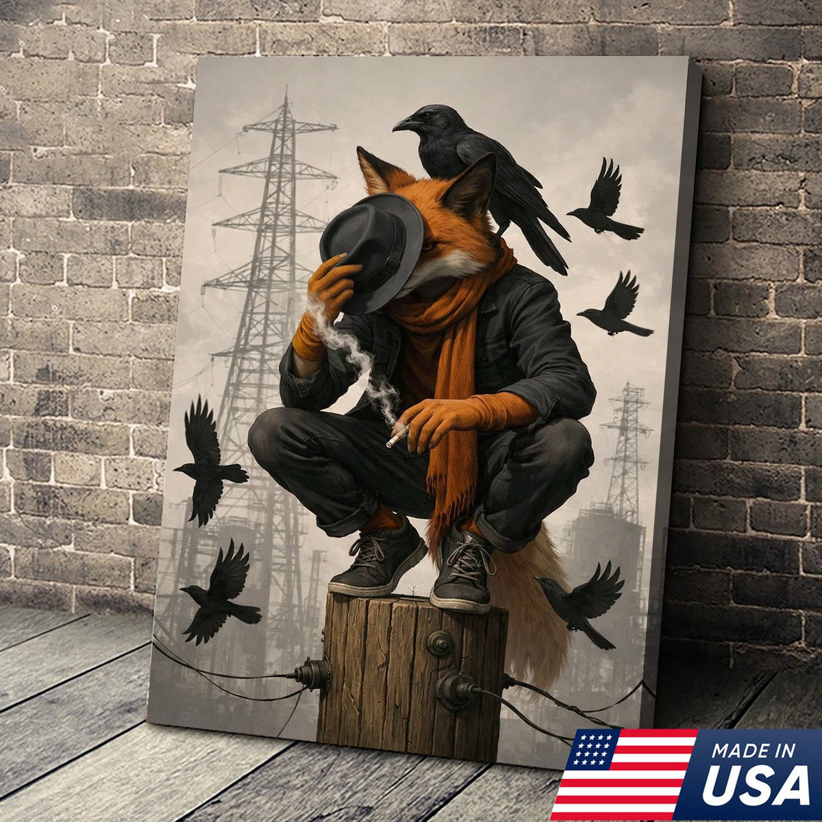 Urban Fox and Raven Canvas Wall Art, Industrial Fantasy Fox Illustration