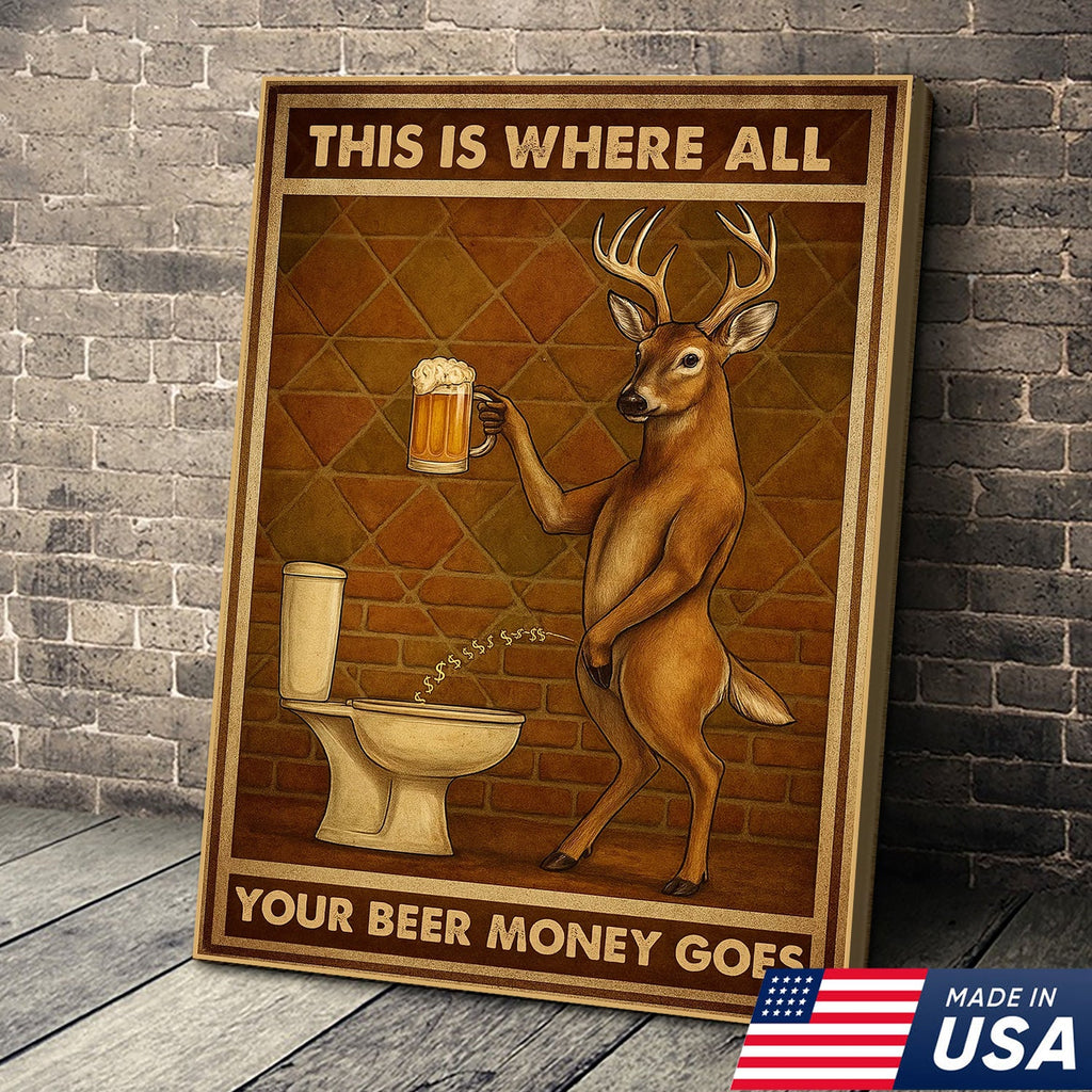 Funny Deer Beer Canvas Wall Art – Rustic Hunting Lodge Bar Decor Gift for Hunters & Beer Lovers