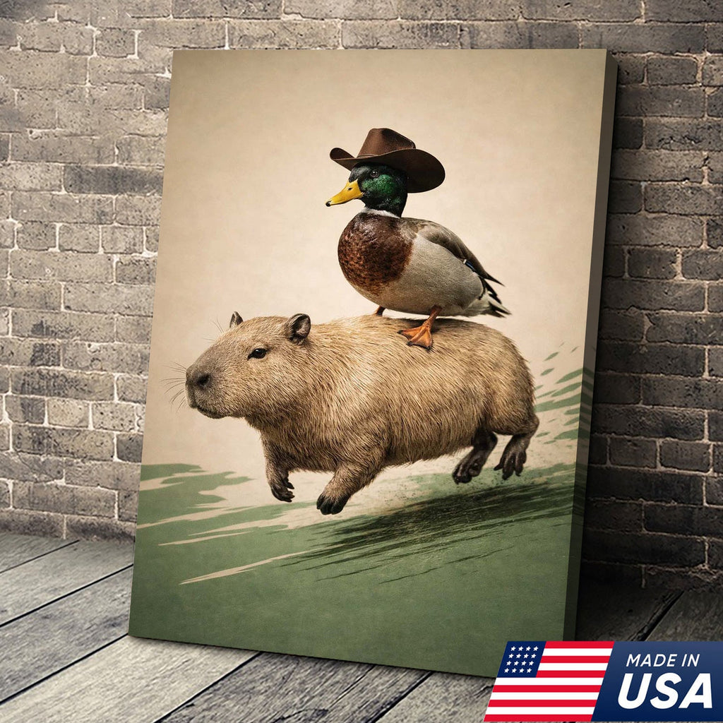 Whimsical Cowboy Duck Riding Capybara Canvas Wall Art, Surreal Animal Adventure Painting