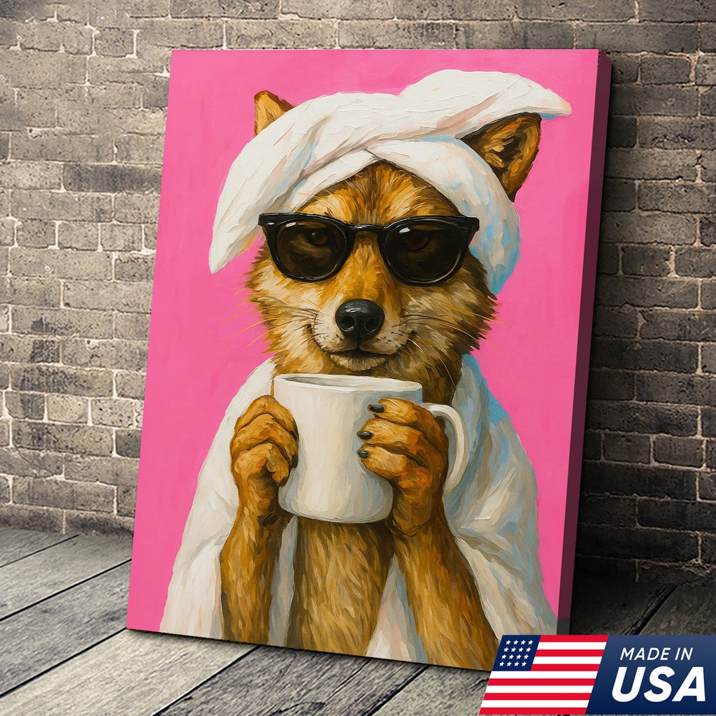 Funny Fox Drinking Coffee Wall Art – Modern Animal Canvas Print for Kitchen