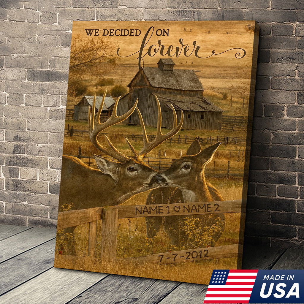 Rustic Deer Couple Canvas Art – Personalized Farmhouse Buck & Doe Kissing Scene
