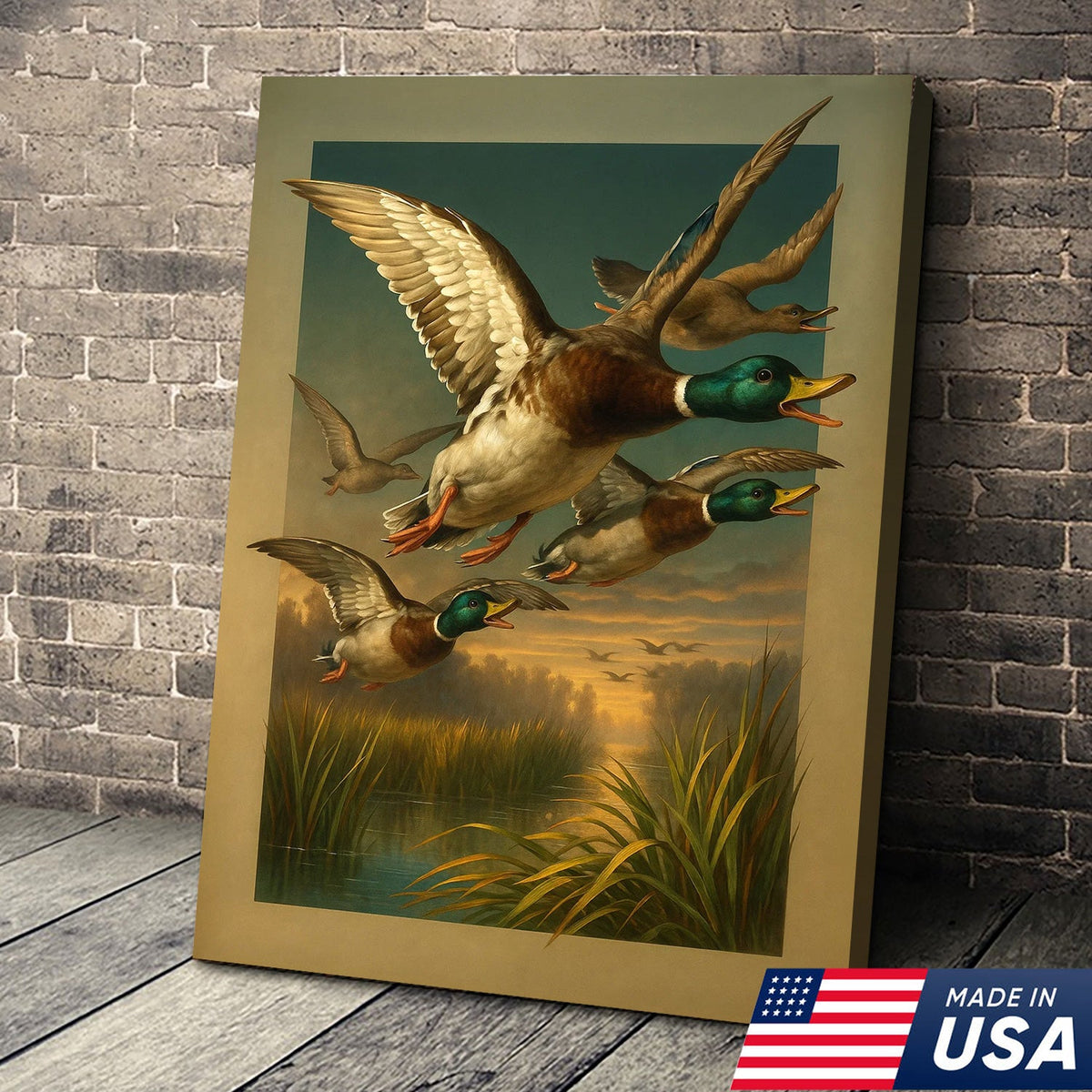 Mallard Ducks Flying Over Marsh Wall Art – Vintage Wildlife Canvas Print