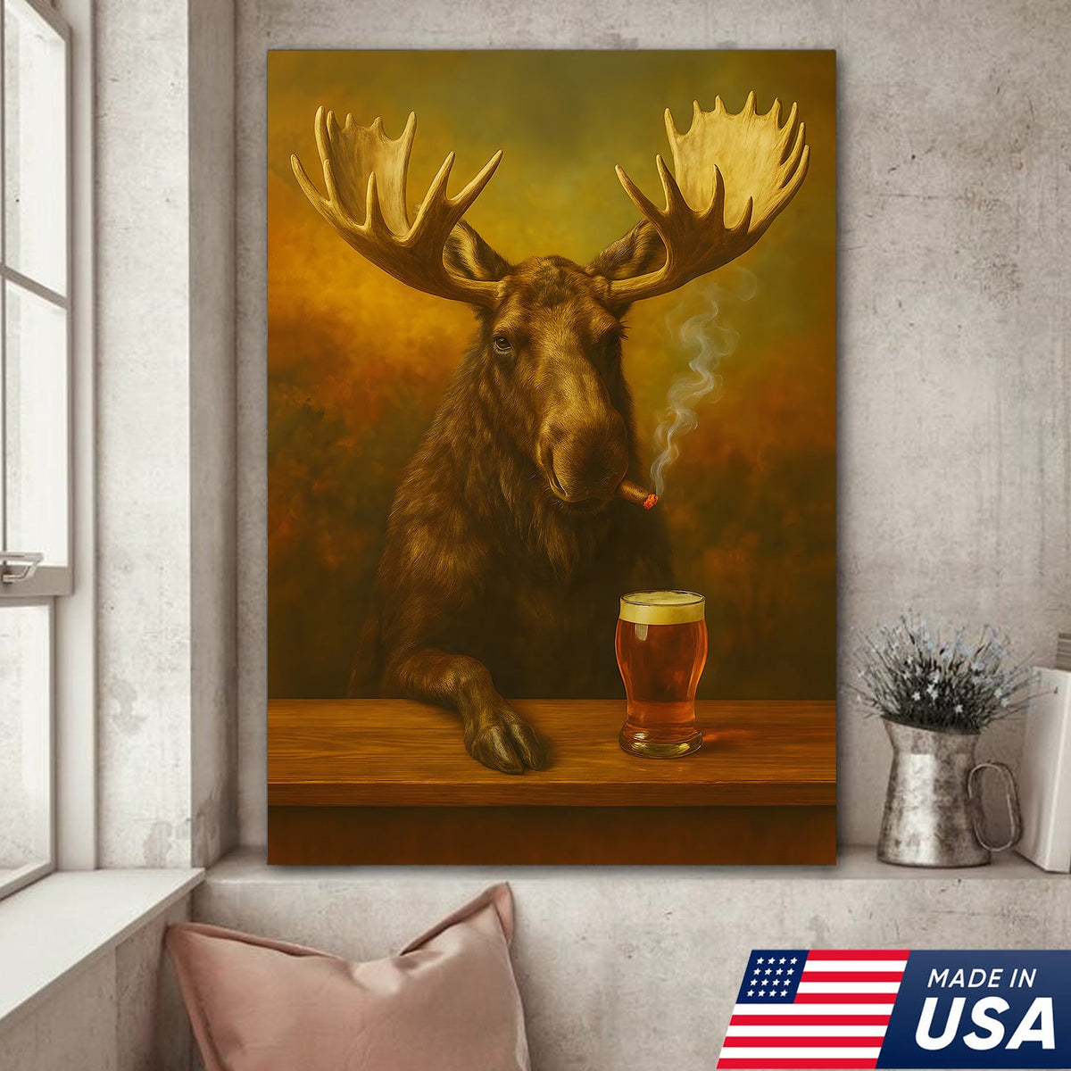 Moose Smoking & Drinking Canvas - Rustic Bar Wall Art Hunting Lodge & Man Cave Decor