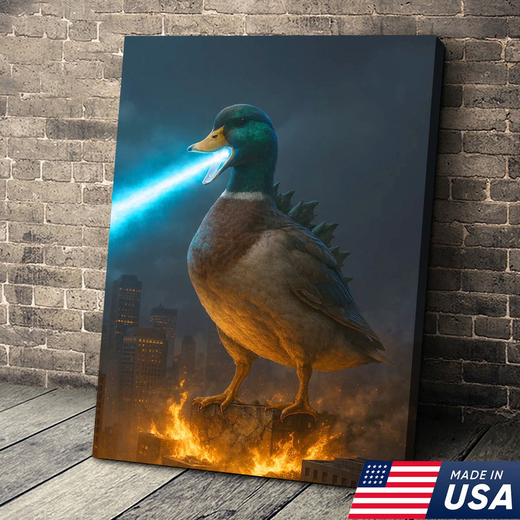Duckzilla Canvas – Epic Monster Duck Breathing Blue Fire Over City, Funny Kaiju Parody Wall Art