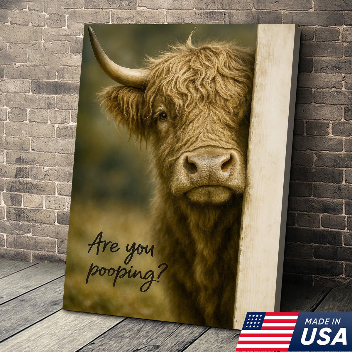 Highland Cow Bathroom Wall Art, Funny “Are You Pooping?” Farmhouse Canvas