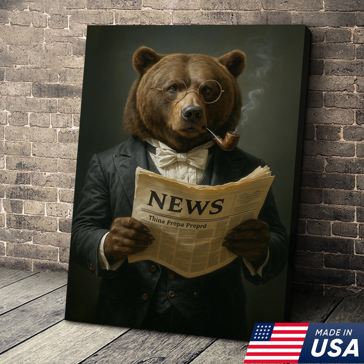 Bear Reading Newspaper Canvas Wall Art – Vintage Gentleman Bear Wall Decor for Home & Office