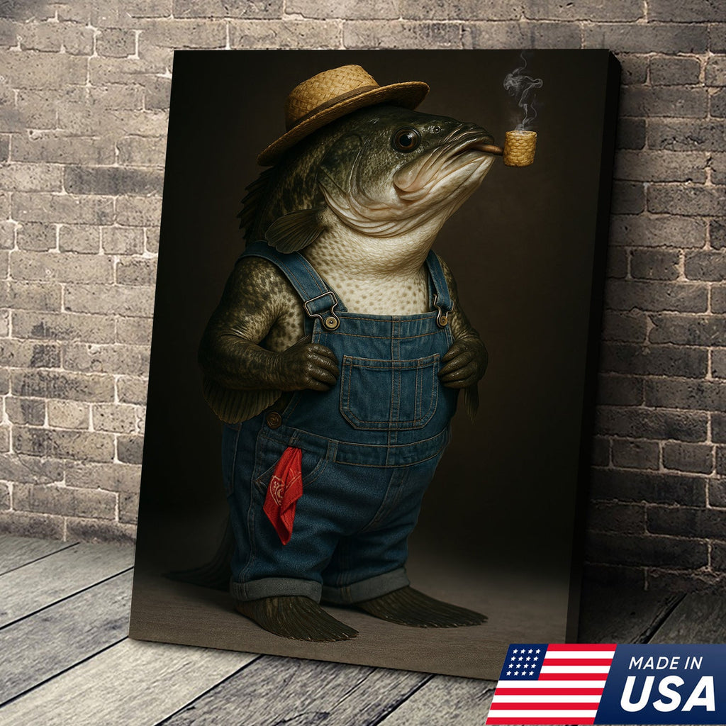 Funny Fisherman Bass Canvas, Rustic Fishing Wall Art, Humorous Country Fish Lover Decor