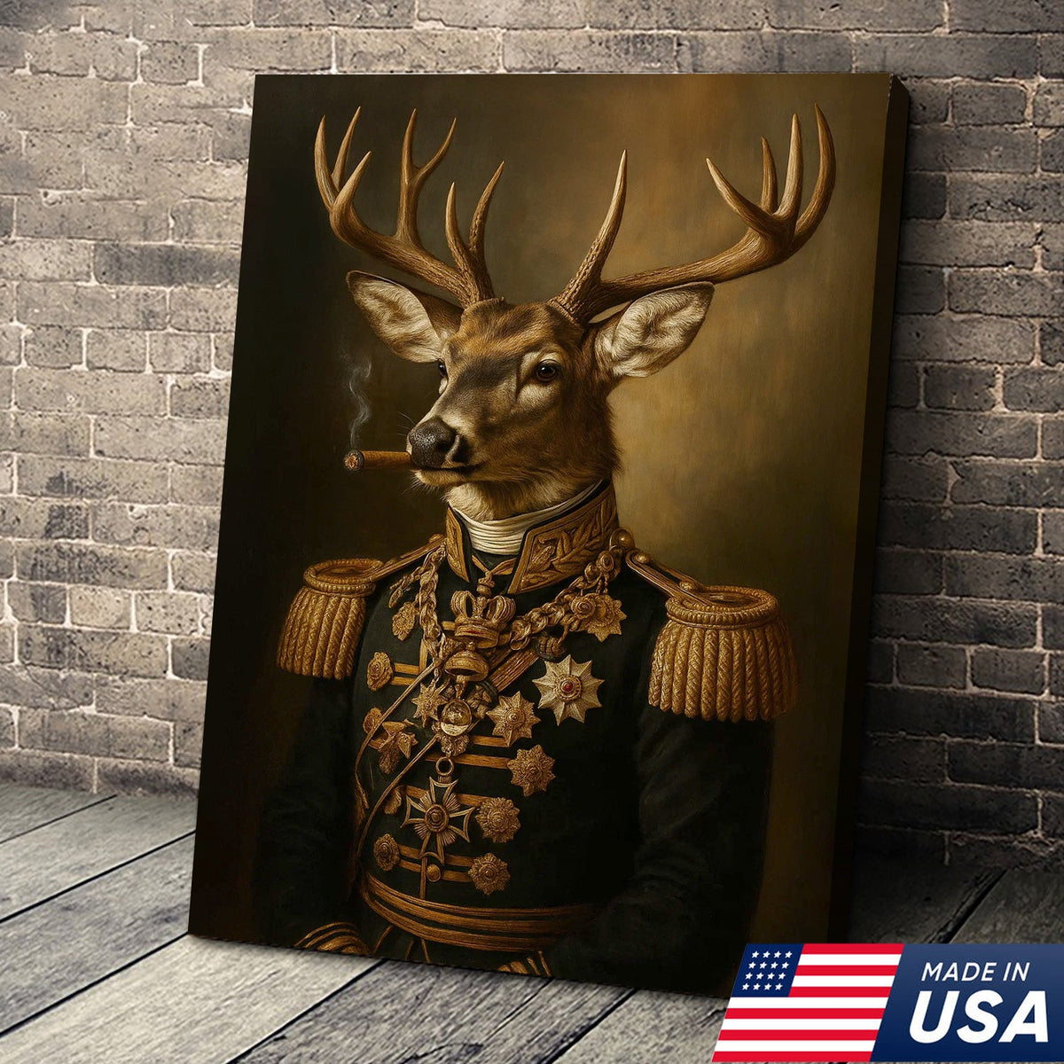 Royal Deer Portrait Canvas Wall Art, Elegant Animal Dressed in Military Uniform, Vintage Noble Stag Artwork