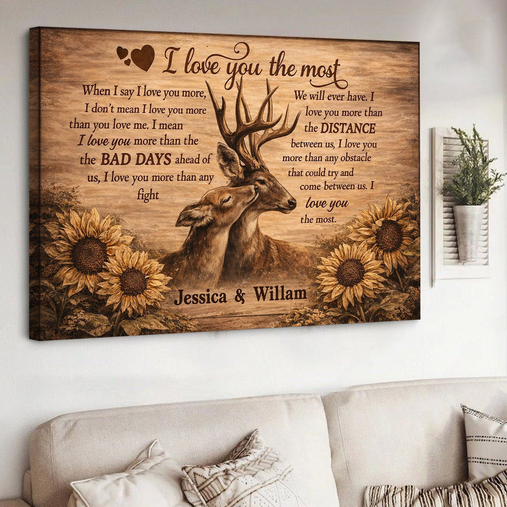 Personalized I Love You the Most Deer Canvas Wall Art, Custom Couple Love Quote Artwork